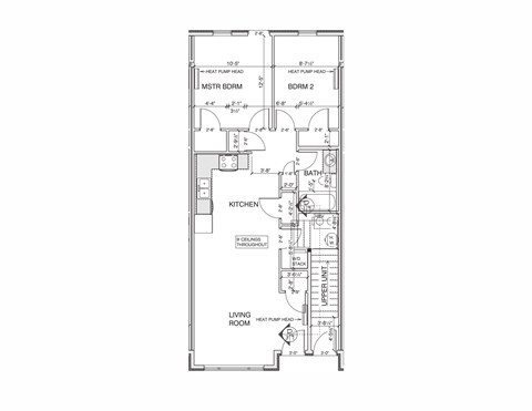 Floor plan for 2 beds, 1 bath, 888 sqft